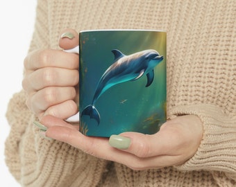 Dolphin ocean mug, ocean love gift, magical mug, beautiful art mug, coffee cup, gift for friend, sea lover gift, birthday gift, dolphin gift