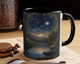 moonlight pond mug, enchanted lake mug, coffee gift mug, nature lover mug, moonlight mug, art mug, gift for friend mug, cool design mug