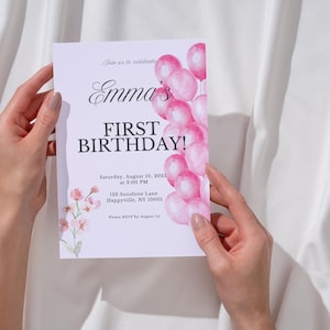 Invitation 1er anniversaire fille • Modèle Canva modifiable • Rose neutre imprimable • Carte d'invitation anniversaire enfant à imprimer