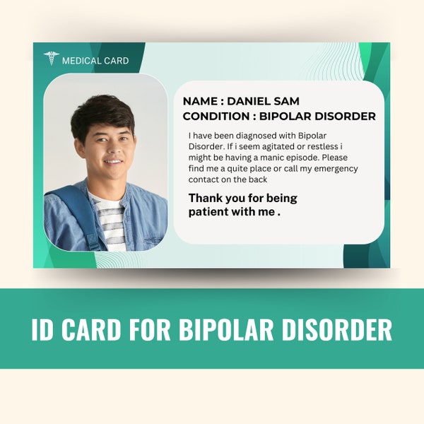 Bipolar Disorder Awareness Medical ID Card, bipolar Disorder Card, Safety Card, Help Card, bipolar disorder journal