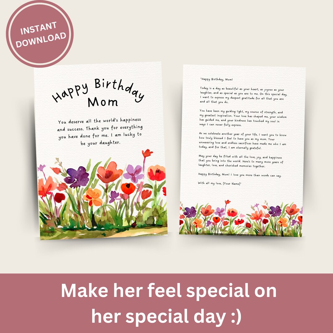 Happy Birthday Mom Printable Greeting Card Digital Download,best Gift ...