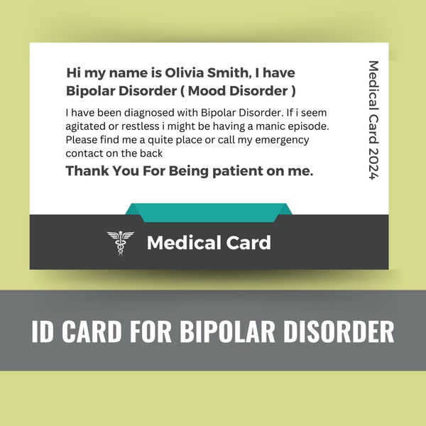 Bipolar Disorder Card, Bipolar Disorder Awareness Medical ID Card, Safety Card, Help Card, bipolar disorder journal