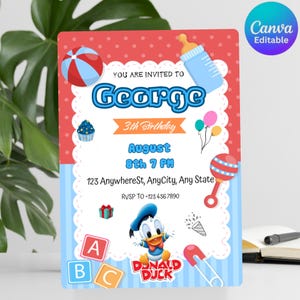 Cartoon Birthday Invite With Donald Duck, Editable Canvas Card For Kids, Watercolor Design, Digital Download, Donald Duck Birthday Invite