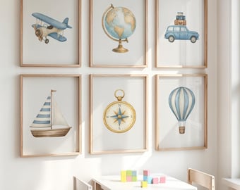 Adventure Travel Nursery Gallery Wall Set of 6 Prints Boys Room Decor Blue Airplane Globe Car Sailboat Compass Hot Air Balloon Printable
