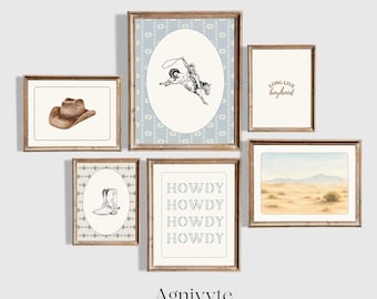 Vintage Cowboy Nursery Wall Art Set of 6 Prints, Western Boys Room Decor, Rustic Watercolor Wall Art, Howdy Poster Set, Digital Download