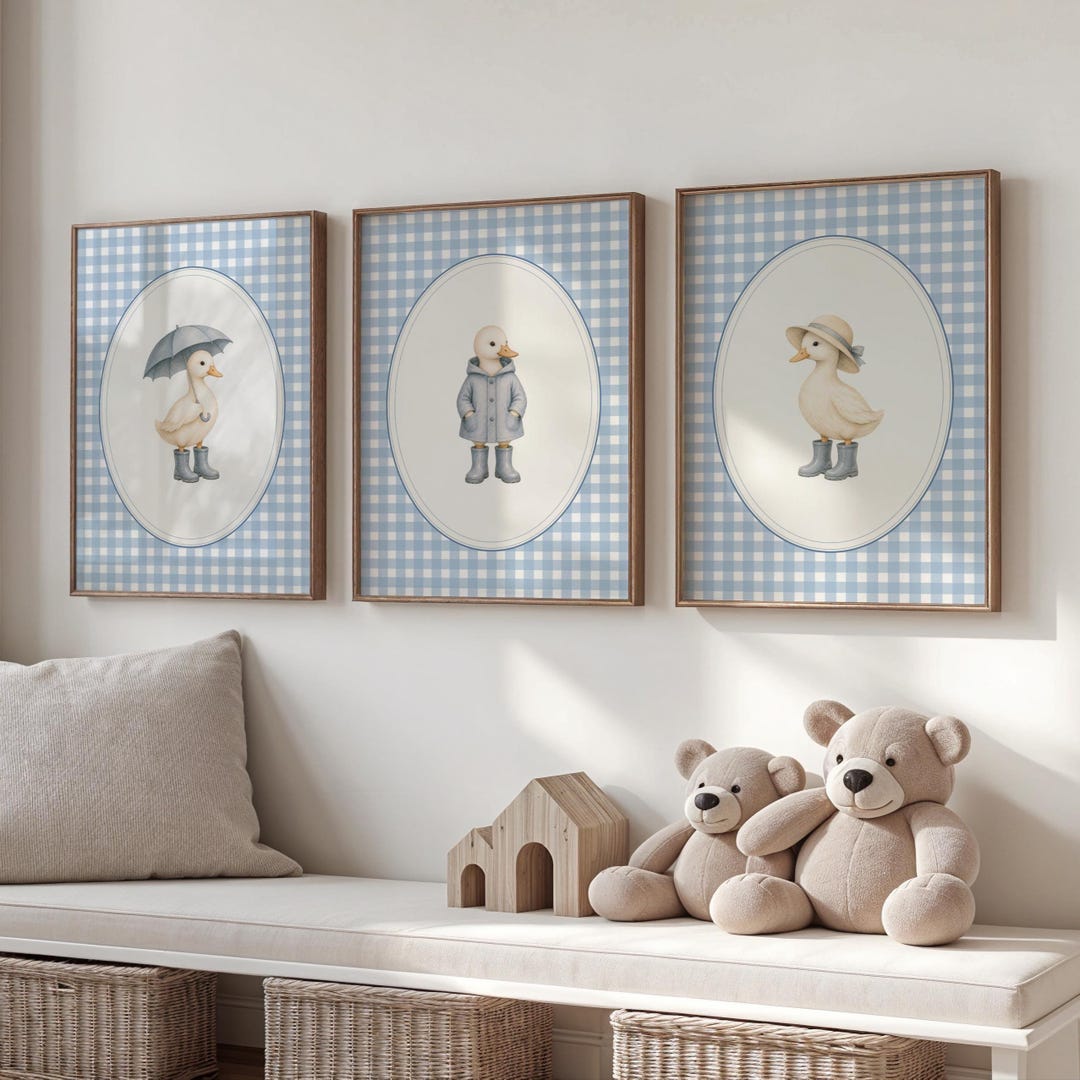 Duck Nursery Wall Art Set of 3, Blue Gingham Baby Room Decor, Vintage ...
