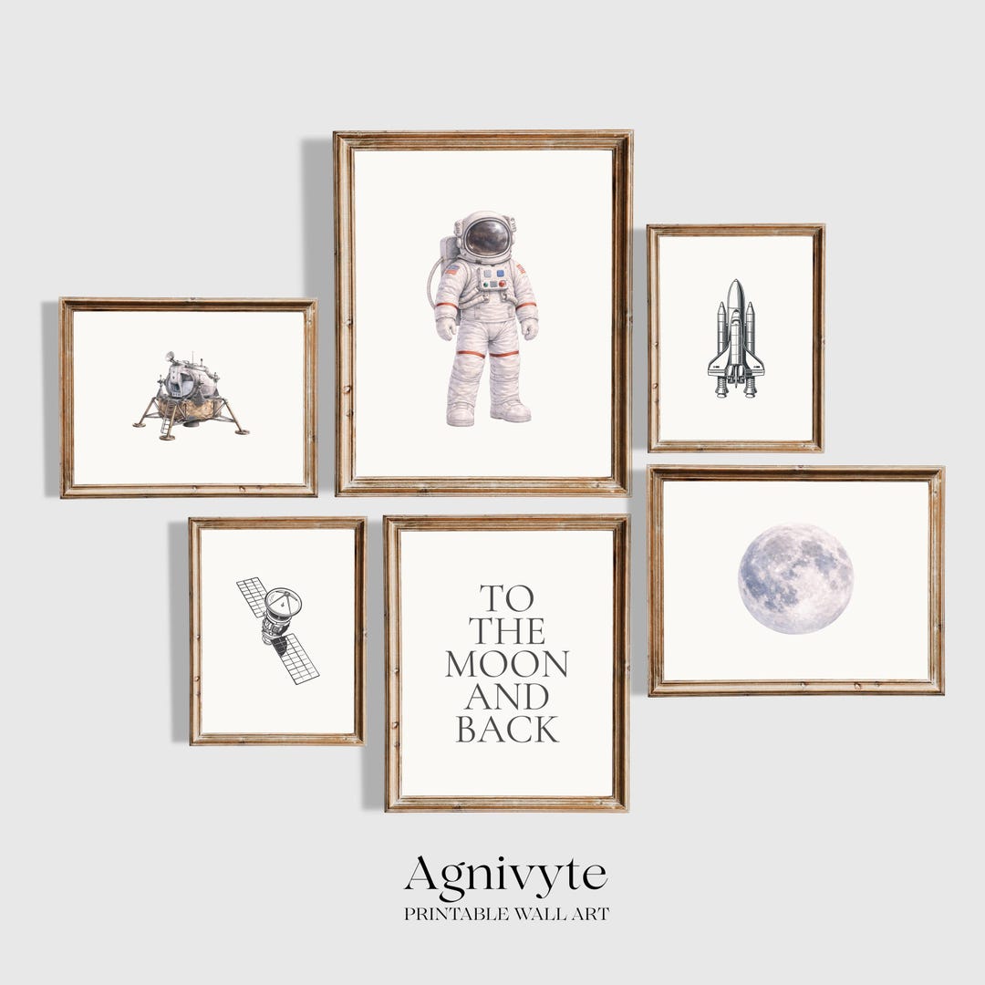 Space Gallery Wall Set of 6, Astronaut Moon Prints, Neutral Nursery ...
