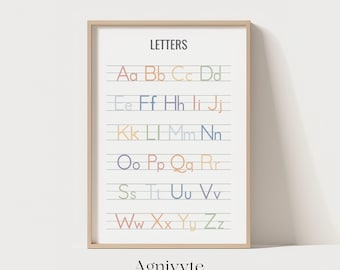 Alfabetletters poster, ABC muurkunst voor kinderen, educatieve kinderkamer print, klasdecor, voorschoolse thuisonderwijs digitale download