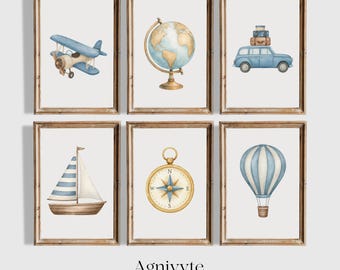 Adventure Travel Nursery Gallery Wall Set of 6 Prints Boys Room Decor Blue Airplane Globe Car Sailboat Compass Hot Air Balloon Printable