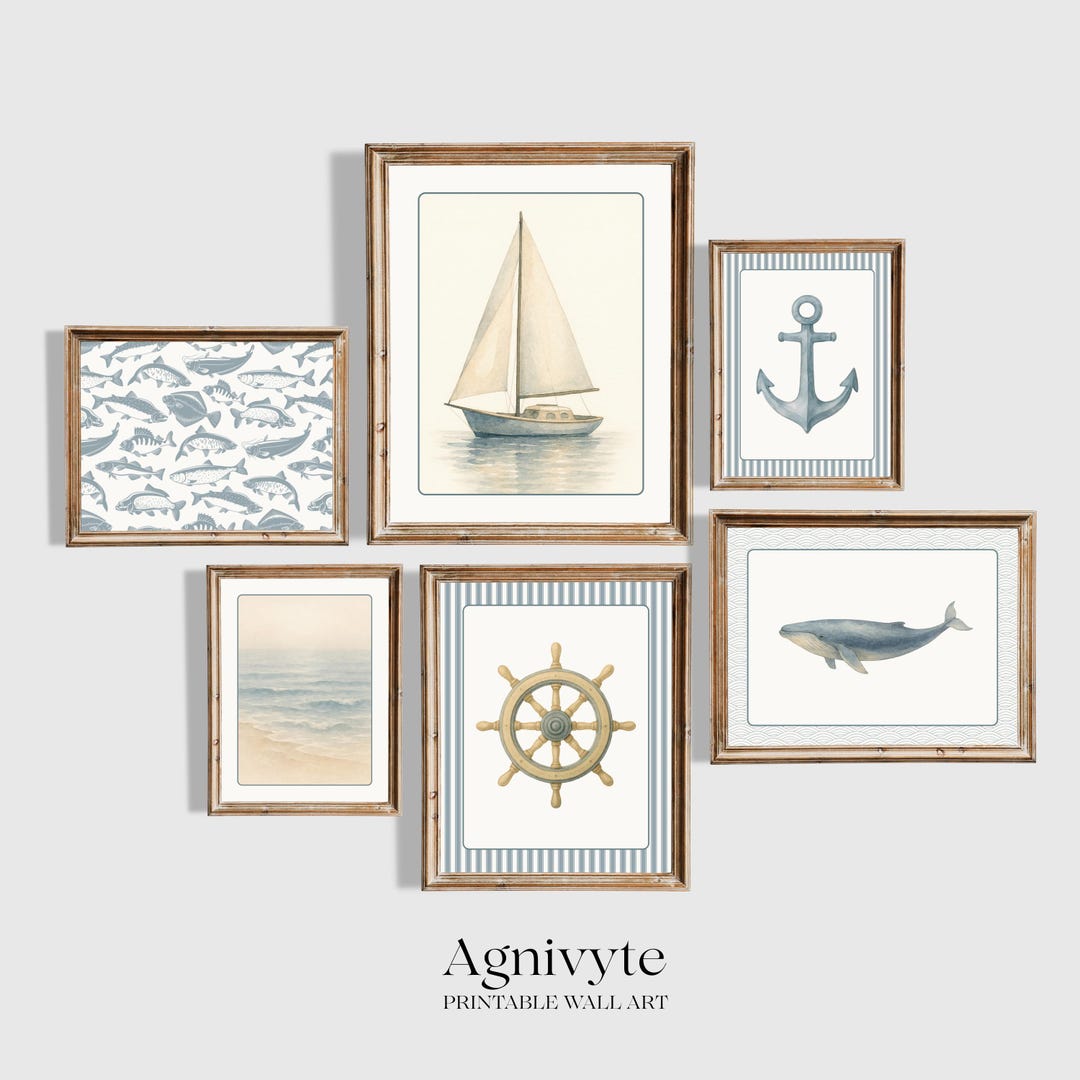 Nautical Nursery Wall Art Set of 6 Prints Sailboat Whale Anchor Kids ...
