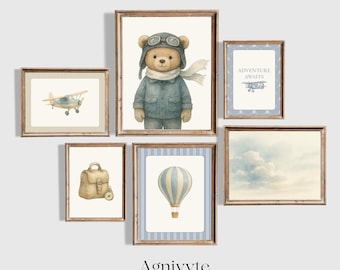 Bilderwand-Set fürs Kinderzimmer mit Luftfahrtmotiven, 6 Kunstdrucke, Abenteuer-Teddybär, Jungenzimmer-Deko, neutrales Blau, Reise-Wandkunst fürs Kinderzimmer, druckbar