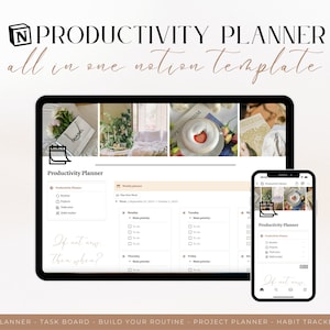 Productivity and Time Management Planner All in One Notion Template | Digital monthly calendar, to do list, habit tracker, project task plan