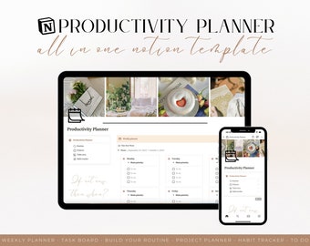 May include: A screenshot of a Notion productivity planner template on a laptop and a mobile phone. The template includes a weekly planner, task board, project planner, habit tracker, and to-do list. The text "Productivity Planner" is displayed on both the laptop and phone screens. The text "If not now, then when?" is displayed on the laptop screen.