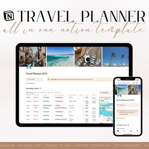 Puede incluir: Una captura de pantalla de una plantilla de Notion para la planificación de viajes. La plantilla incluye un calendario de viajes, una lista de deseos, planes de viaje, países visitados, destinos y una lista de empaque. La plantilla está diseñada para ayudar a los usuarios a planificar y organizar sus viajes.