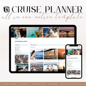 Puede incluir: Una captura de pantalla de una plantilla de Notion para planificar un crucero. La plantilla incluye secciones para un diario, un tablero de visión, un itinerario, una lista de empaque, un planificador, presupuesto y finanzas, y una lista de deseos. La plantilla se muestra en una computadora portátil y un teléfono móvil.