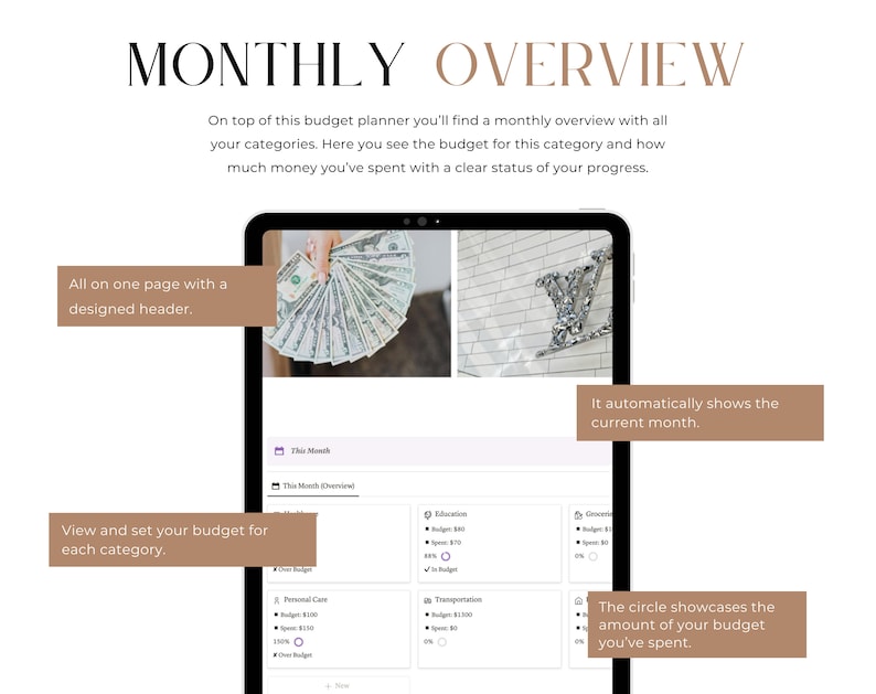 Monthly Overview with budget categories and the status of your budget and spending.