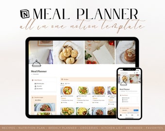 Meal Planner All in One Notion Template | Family Weekly Prep Nutrition Plan | Digital Recipe Book | Pantry Grocery List Inventory Management