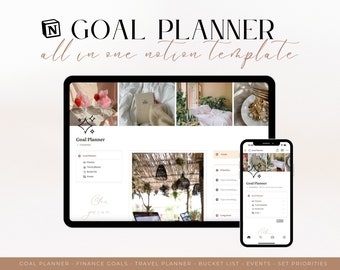 Planejador de Metas Digital Tudo em Um - Modelo para Notion | Quadro de visão pessoal | Lista de desejos | Definição de metas financeiras, de viagens e eventos