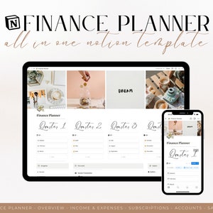 Puede incluir: Una captura de pantalla de una plantilla de Notion para un planificador financiero. La plantilla está dividida en cuatro trimestres, con cada trimestre mostrando un calendario y una lista de gastos. La plantilla también incluye una sección para ingresos, ahorros y suscripciones. El texto "DREAM" es visible en la esquina superior derecha de la pantalla.