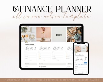 May include: A screenshot of a Notion template for a finance planner. The template is divided into four quarters, with each quarter showing a calendar and a list of expenses. The template also includes a section for income, savings, and subscriptions. The text "DREAM" is visible in the top right corner of the screen.