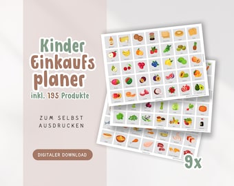 Kinder Einkaufsliste DIY Bundle zum Ausdrucken | Einkaufsplaner Montessori mit 195 Lebensmittel Karten | Haushaltsliste Vorlage PDF grau