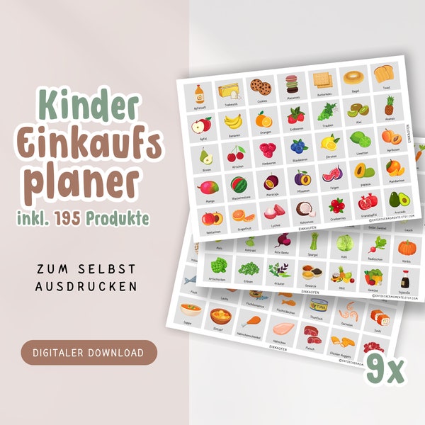 Kinder Einkaufsliste DIY Bundle zum Ausdrucken | Einkaufsplaner Montessori mit 195 Lebensmittel Karten | Haushaltsliste Vorlage PDF grau