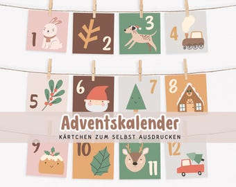 Tarjetas de calendario de Adviento para niños para imprimir, 24 tarjetas de calendario de Adviento, temporada de Adviento, anticipación de Navidad, tiempo creativo en familia