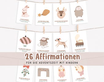 May include: Twenty-six affirmation cards with illustrations of animals and objects. The cards are designed for children and feature phrases like "I am brave" and "I am grateful".