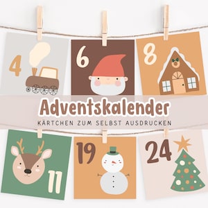 Calendario de 24 tarjetas de Adviento para niños | Calendario de Adviento DIY para imprimir | Tarjetas navideñas creativas Calendario de adviento Niños