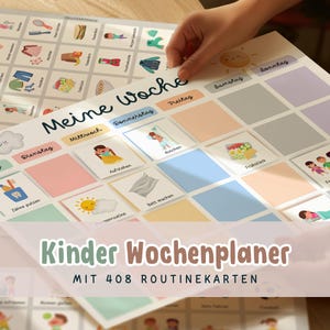 Könnte beinhalten: Ein farbenfroher Wochenplaner für Kinder mit dem Text "Meine Woche" und "Kinder Wochenplaner MIT 408 ROUTINEKARTEN". Der Planer hat ein Raster mit den Wochentagen, die auf Deutsch beschriftet sind. Jeder Tag hat Platz für eine Bildkarte mit einer täglichen Routine-Aktivität.