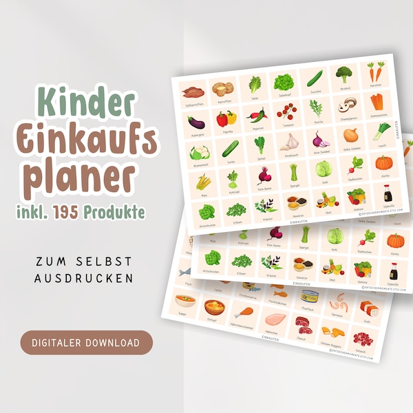 Kinder Einkaufsplan Vorlage Bundle zum Ausdrucken | 195 Montessori Karten | Kinder Einkaufshilfe | Nahrung Einkaufen | Obst Gemüse beige