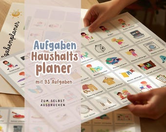 May include: A printable chore chart for kids with 95 different chores illustrated with cartoon characters. The chart is titled "Aufgaben Haushaltsplaner mit 95 Aufgaben" which translates to "Tasks Household Planner with 95 Tasks".