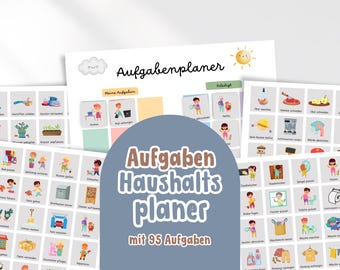 May include: A colorful printable chore chart for kids with 95 different chores. The chart is divided into three sections: "My Chores", "Together", and "Done". Each section has a variety of illustrations depicting different chores, such as making the bed, washing dishes, and taking out the trash.