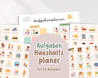 May include: A set of colorful chore charts with illustrations and German text. The charts feature images of household tasks and the words "Aufgabenplaner" and "Aufgaben Haushaltsplaner mit 95 Aufgaben". The background is a light beige color.