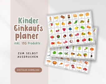 Kinder Einkaufsplaner DIY Set zum Ausdrucken mit 195 Karten | Montessori Einkaufen lernen | Kinder Einkaufshilfe PDF Lebensmittel weiss