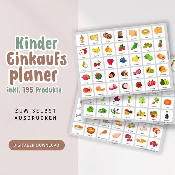 Kinder Einkaufsplaner DIY Set zum Ausdrucken mit 195 Karten | Montessori Einkaufen lernen | Kinder Einkaufshilfe PDF Lebensmittel weiss