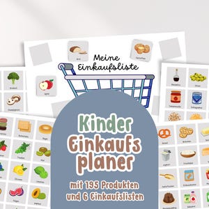 Kinder Einkaufsplaner DIY Bundle zum Ausdrucken | Einkaufsliste Montessori mit 195 Lebensmittel Karten | Haushaltsliste Vorlage PDF grau