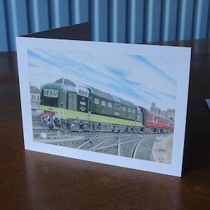 Deltic loco-wenskaart met print van een kleurtekening.