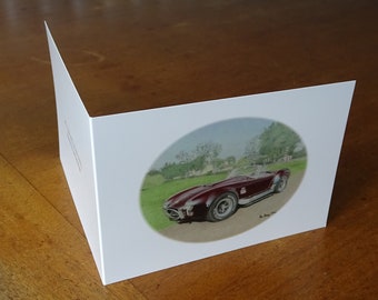 AC Cobra sports car greeting card with print from a colour drawing.