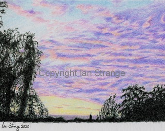 Scenic drawing of a sunset. Home wall art. Printable art.