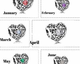 Birthstone Charms For Bracelet, Heart Birthstones,925s Silver Heart Birthstone Sterling Silver charms, pendant month birthstone charms
