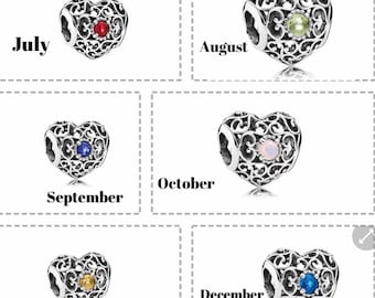 Birthstone Charms For Bracelet, Heart Birthstones,925s Silver Heart Birthstone Sterling Silver charms, pendant month birthstone charms