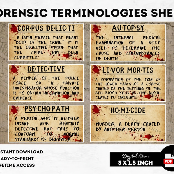 Forensic Terminologies Sheet Crime Dictionary Printable Detective Props Police Party Evidence Decoration Criminology Instant Download