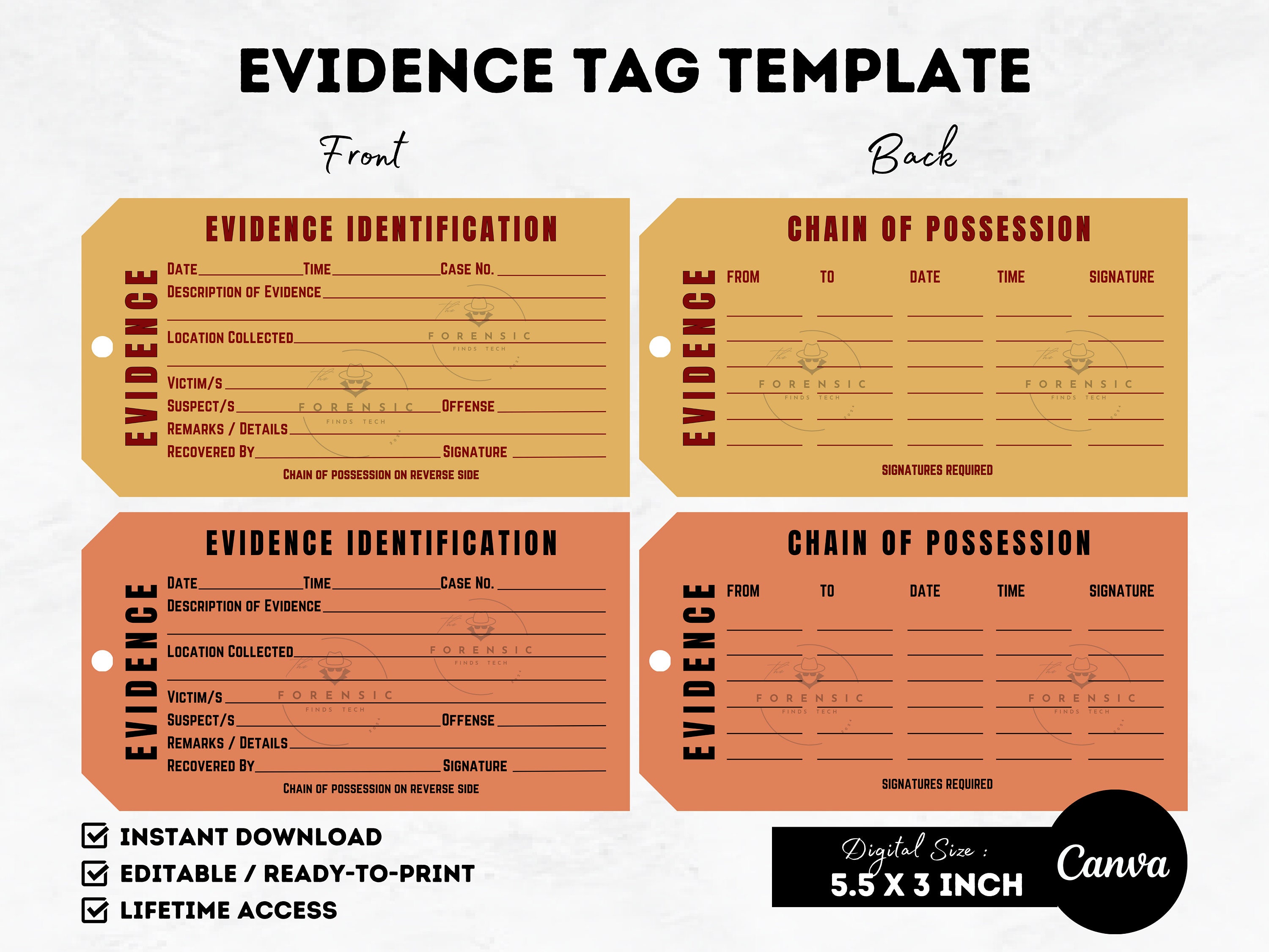 Evidence Tag Template Chain of Custody Printable Crime Scene Props ...