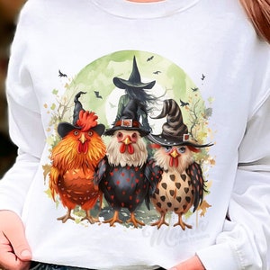 Halloween PNG, Spooky Chickens Png, Witch Chicken Sublimation Png, Fall Costume, Pumpkin Png, Witch Png, Haunted Chickens DTF Design