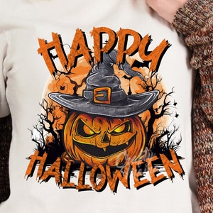 May include: White t-shirt with an orange pumpkin wearing a witch hat and the text 'Happy Halloween'.
