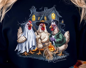 Chicken Halloween PNG, Spooky Chickens Png, Sublimation Designs, Trendy Halloween Chicken Shirt Png, Chicken Witch Png, Chick Or Treat