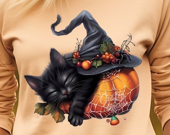 Halloween Png, Halloween Black Cat Pumpkin Png, Kitten Sublimation Design, Black Cat With Pumpkin Halloween Png File, Pumpkin Spooky Cat Png