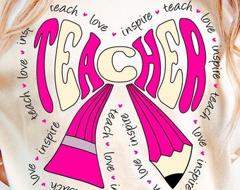 Teach Love Inspire PNG, Trendy Teacher Png, Preppy Teacher Bow Png, Teacher Pencil Bow Png, Retro Teacher Bow Shirt Png, Sublimation Designs
