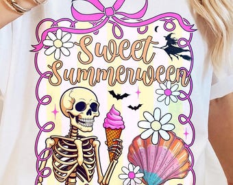 Sweet Summerween PNG, Floral Preppy Halloween Png, Trendy Halloween Shirt Png Design, Skeleton Png, Sublimation Designs, Spooky Summer Png